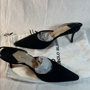 Manolo Blahnik Black Suede Pointed-Toe Slingback Heels